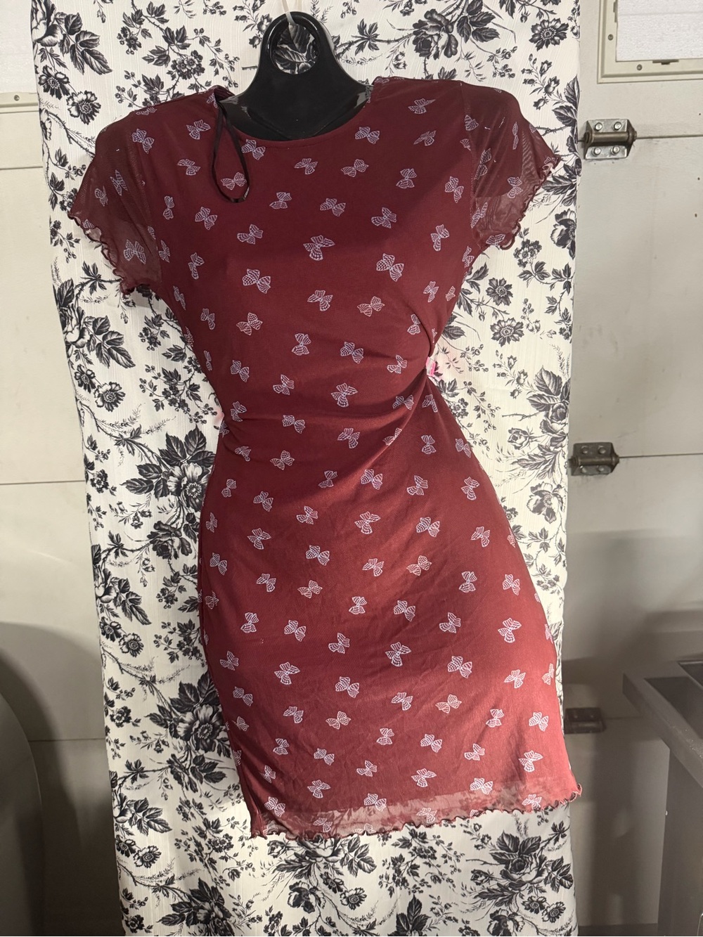 Forever 21 Burgundy Sheer Butterfly-Print Mini Dress